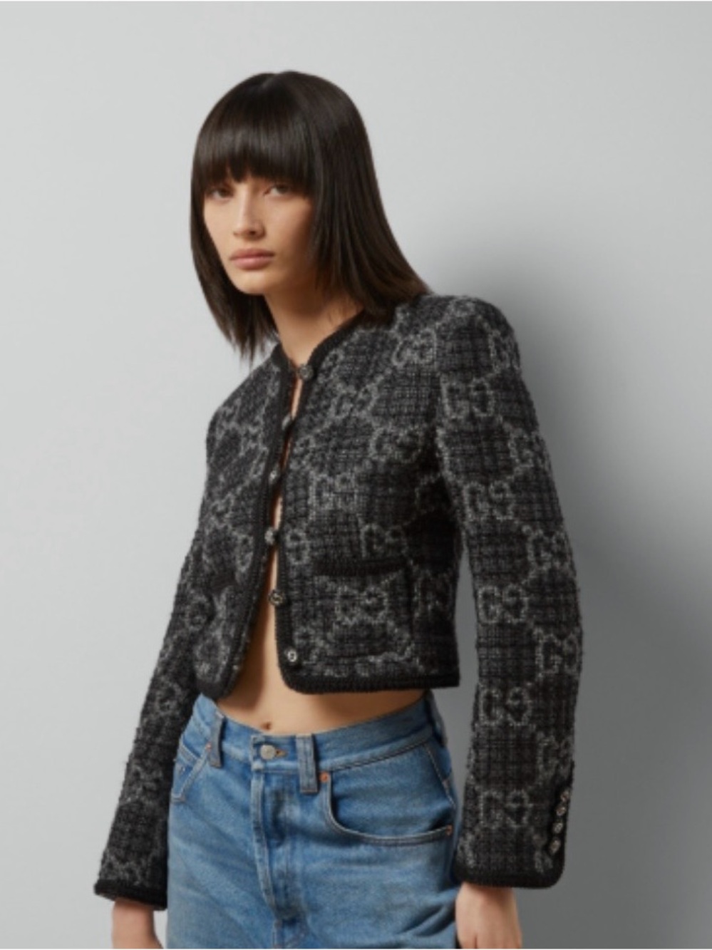 Gucci Black & Gray Tweed Cropped Blazer